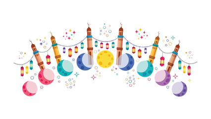 Obraz premium Islamic Festive Design: An artistic representation of a celebratory arrangement, depicting intricate minarets, crescent moons, and festive lanterns. A beautiful cultural visual. 