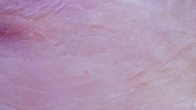 Closeup raw ham texture showing detailed pink marbling, moist surface glistening, subtle fat veins, culinary prep and butcher inspection vibe, gourmet ingredient appeal