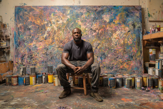 Black young man sitting on wooden stool in front of large abstract painting, surrounded by paint cans and art supplies, looking confidently at camera in artist studio