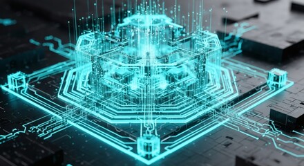Abstract Digital Circuit Board With Glowing Blue Light Rays