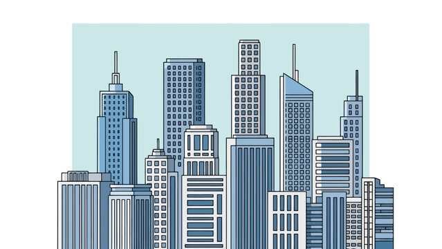 Modern Cityscape Skyline with Blue Tones and Linear Architectural Design - Powered by Adobe