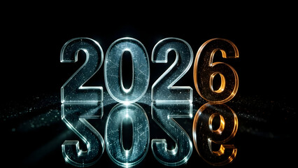 Sleek mirrored "2026" metallic numerals reflecting light on dark surface