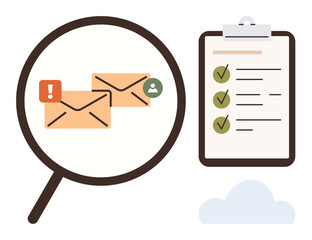 Magnifying glass examining emails with alert icons next to a checklist clipboard. Ideal for email management, priority setting, efficiency, organization, task tracking, digital workflow, simple flat