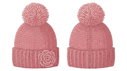 Pink knitted beanie hats with pom-poms and decorative rose emblem for stylish winter wear and handmade craft projects