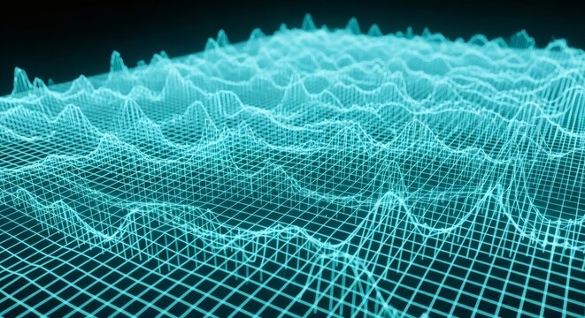 Abstract Digital Waveform Grid Glowing In Cyan Color - Powered by Adobe
