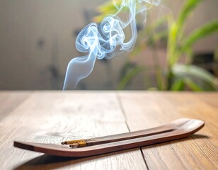 Close-up of burning incense with swirling smoke on a wooden surface