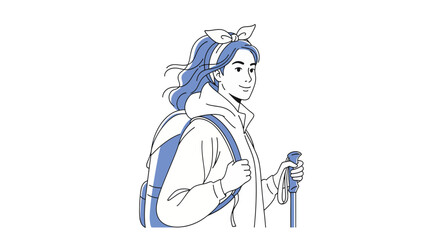 Obraz premium Illustration of a young woman with a backpack and hiking pole, ready for an outdoor adventure.