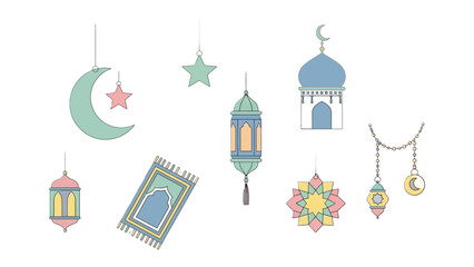 Eid Decoration: A collection of festive decorations including lanterns, crescent moons, stars, and mosque illustrations symbolizing the spirit of Eid. 