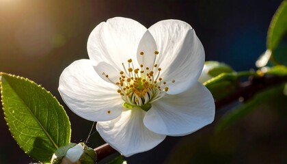 Close-up of a delicate white blossom with sunny backlight