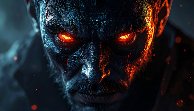 A close-up, intense portrait of a menacing man with glowing red eyes and a dark, gritty appearance.