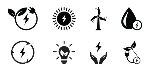 Green Energy and Renewable Power Icons Set with Solar, Wind, Electricity, and Eco Sustainability Symbols
