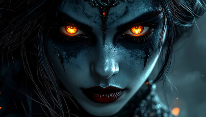A close-up, intense portrait of a dark fantasy female character with glowing orange eyes and blue skin.