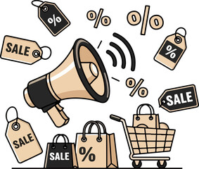 Cartoon Illustration of Big Sale and Discount Promotion Event with Shopping Bags Megaphone and Credit Cards