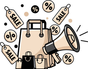 Cartoon Illustration of Big Sale and Discount Promotion Event with Shopping Bags Megaphone and Credit Cards