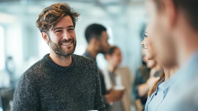 Happy bearded man enjoying a coffee break while engaging with colleagues in a bright, contemporary office environment. Professional networking and positive workplace culture are highlighted