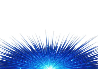 Fototapeta premium Vibrant electric blue sunburst, crisp radiating rays, luminous bokeh particles from bottom, white background with copy space, innovation and new beginnings concept
