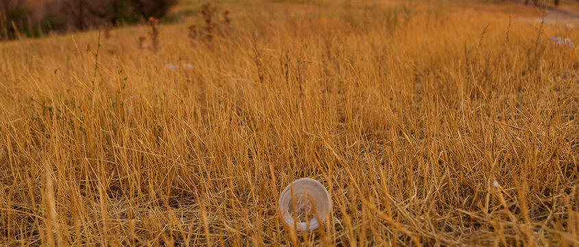 Plastic cup in the grass in the middle of foothills steppe. Nature ecology problem.