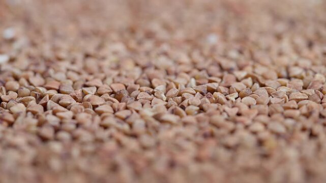 Detailed shot of buckwheat grains with blurry background and warm shades, Highquality image capturing buckwheat kernels with subtle bokeh and natural colors for food display