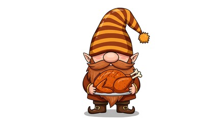 Adorable cartoon gnome with a striped hat, red beard, and holding a roasted turkey on a platter