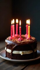 Delicious chocolate birthday cake with lit candles , yummy, isolated, birthday cake