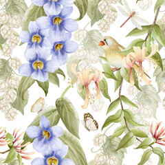 Lush garden foliage with songbirds, butterflies and dragonflies watercolor seamless pattern on white with pastel purple flowers. Realistic birds and blooming Thunbergia, hops and honeysuckle