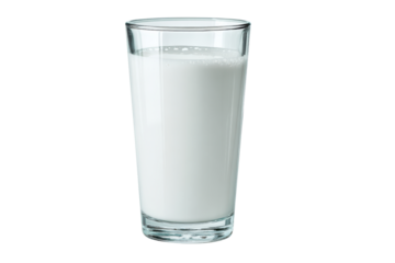 Clear glass filled with white milk and foam against black background drink beverage