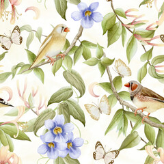 Spring garden flowers with birds and butterflies watercolor seamless pattern on white. Blooming honeysuckle, purple Thunbergia and finch songbirds on vine blossom repeat background. Climbing plant