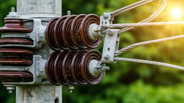 Close-up of power line insulators and cables on a utility pole with bright sun flare