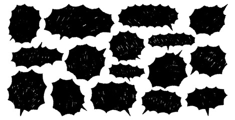 Black comic explosion speech bubble set. Jagged crayon drawn shapes for text emphasis. Punk rough chalk and ballpoint pen textures. Funky sketch doodle frames for highlighting.