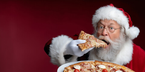 santa claus eating pizza slice on solid background