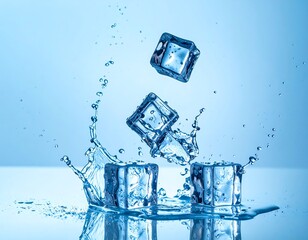Close-up of ice cubes plunging into water, creating a splash