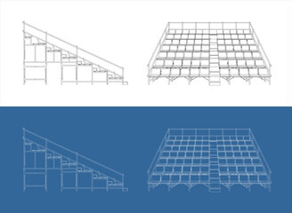 Isometric Wireframe Drawing of Large Bleachers Seating Structure on White and Blueprint Background