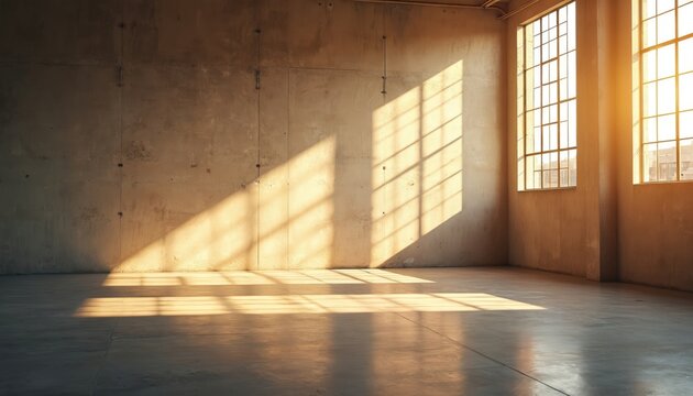 Empty industrial room with large windows. Sunlight casts grid pattern shadows on concrete floor and walls. Bright warm golden light fills the minimalist space.