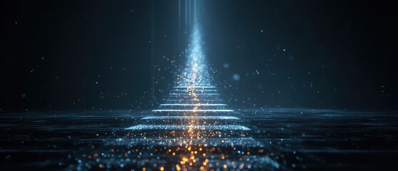 Futuristic glowing data pathway forming upward steps, symbolizing business growth, digital transformation, success strategy, and future technology vision on dark background.