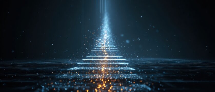 Futuristic glowing data pathway forming upward steps, symbolizing business growth, digital transformation, success strategy, and future technology vision on dark background.