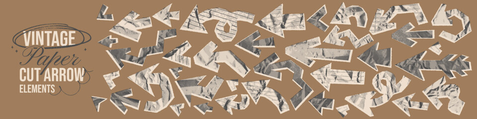 Vintage paper cut arrow elements with halftone texture. Crumpled retro lined or grid patterns. Funky irregular cutout scrapbook shapes for emphasis, highlighting text. Retro collage silhouettes.