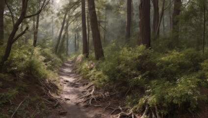 Obraz premium A sunlit path winds through a lush forest, trees casting shadows, creating a serene atmosphere