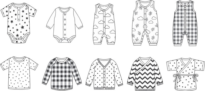 Collection of various baby clothing designs, including bodysuits, rompers, shirts, and cardigans with different patterns.