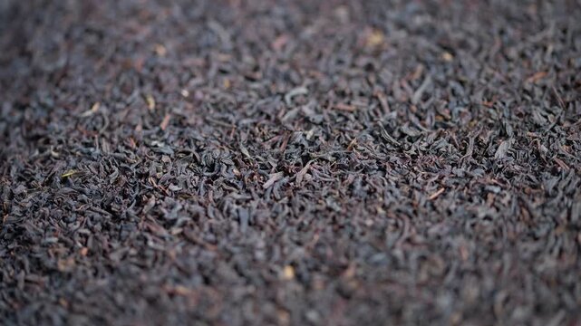 Highresolution image focusing on finely ground Ceylon tea leaves, Close examination capturing intricate textures and fragile appearance of ground Ceylon tea leaves in sharp detail
