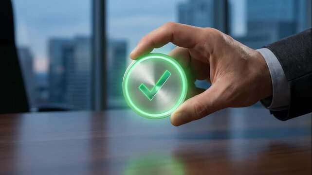 Hand Places Glowing Check Mark Button on Desk in Office Environment