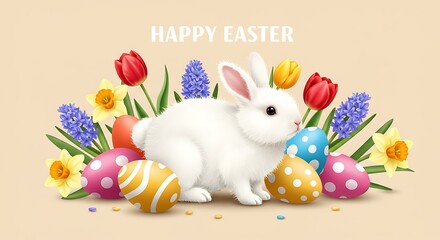 Adorable bunny with colorful eggs and flowers, celebrating a joyous Easter holiday season