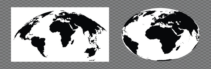 Black and white world map on a gray background with two views