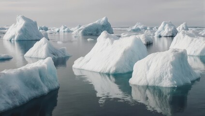 A serene seascape of icebergs floating in calm, reflective water under a pale, overcast sky