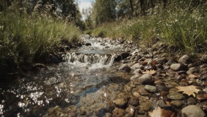A small, shallow stream flows through a lush grassy bank, reflecting light and nature