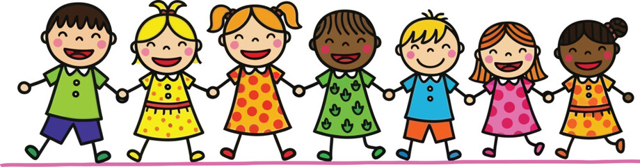 Fototapeta premium Diverse group of cartoon children holding hands in a row representing unity and friendship on a white background