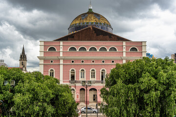 Facade of the imposing Amazonas Theater in the city of Manaus in Brazil. Symbol of the golden period of rubber in Brazil