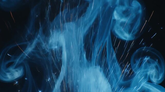 Ethereal blue smoke and glowing sparks rising on a black background.