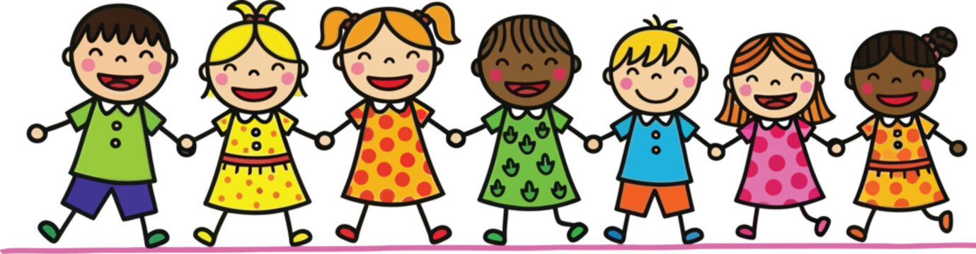 Diverse group of cartoon children holding hands in a row representing unity and friendship on a white background