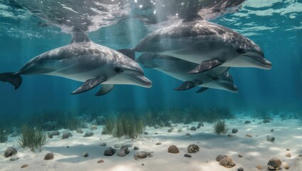 Obraz premium Three dolphins swim gracefully underwater, sunlight filtering through the water above