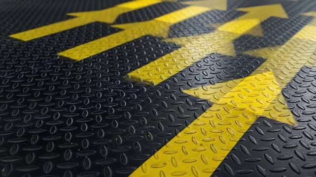 Bright yellow arrows point forward on a dark, textured industrial floor surface